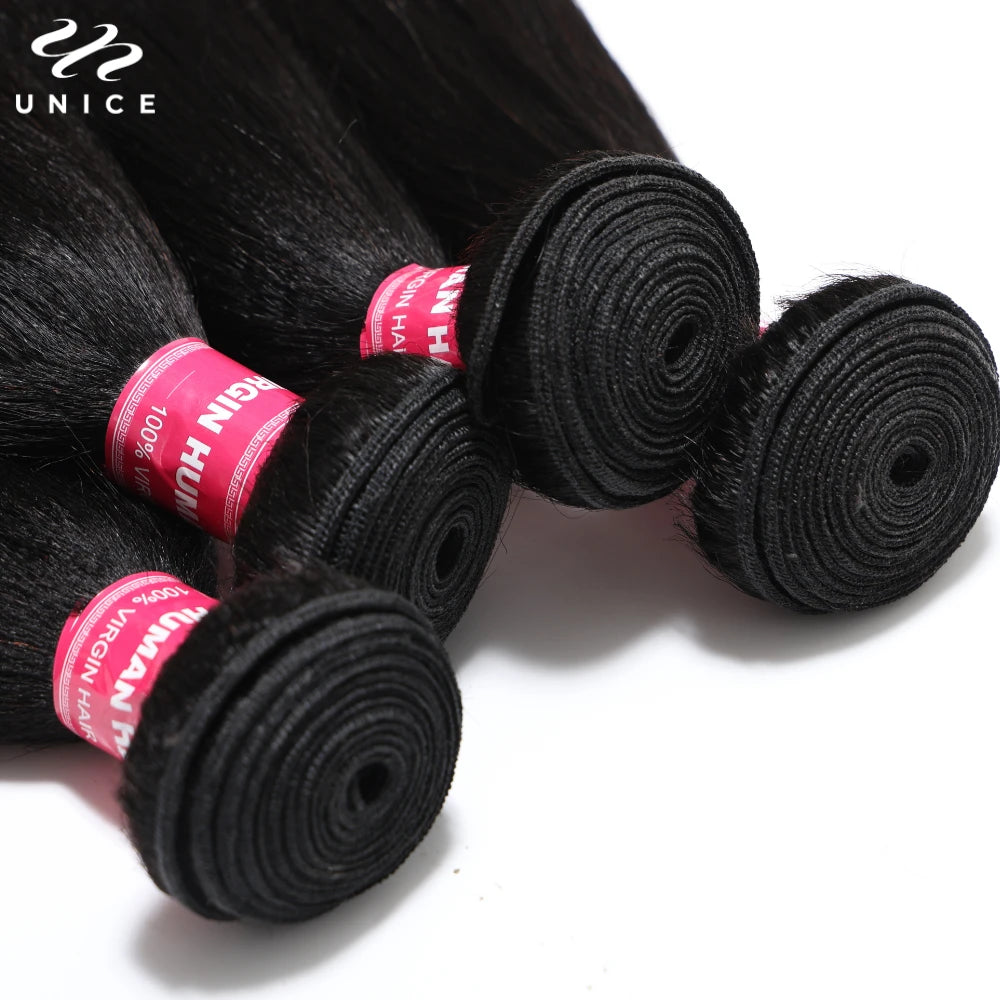 UNice Hair Yaki Straight Hair Bundles 4PCS Deal Natural Color 100% Human Hair Bundles Quick Weaves Sew In Human Hair Extensions
