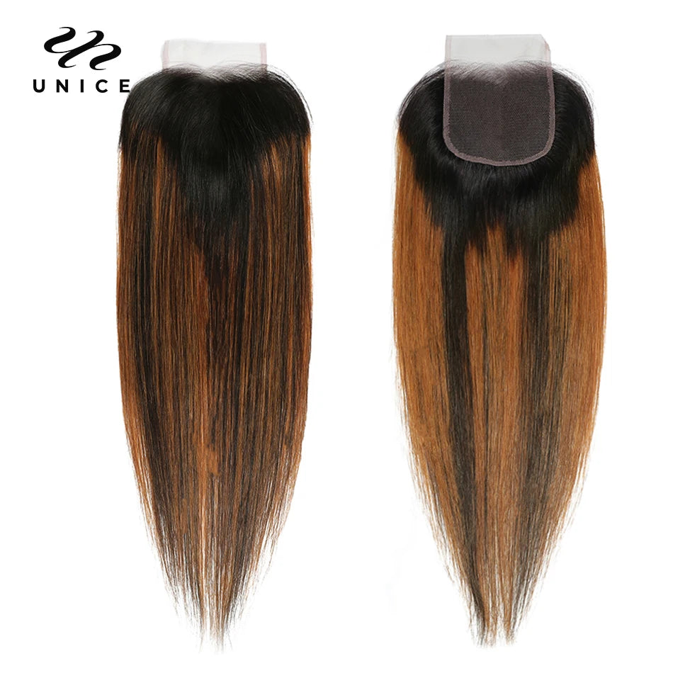 UNICE Brown Balayage Straight Human Hair Bundles with Closure 2/3/4 PCS Hair Bundles With 4x4 Lace Closure Make 250% Denstiy Wig