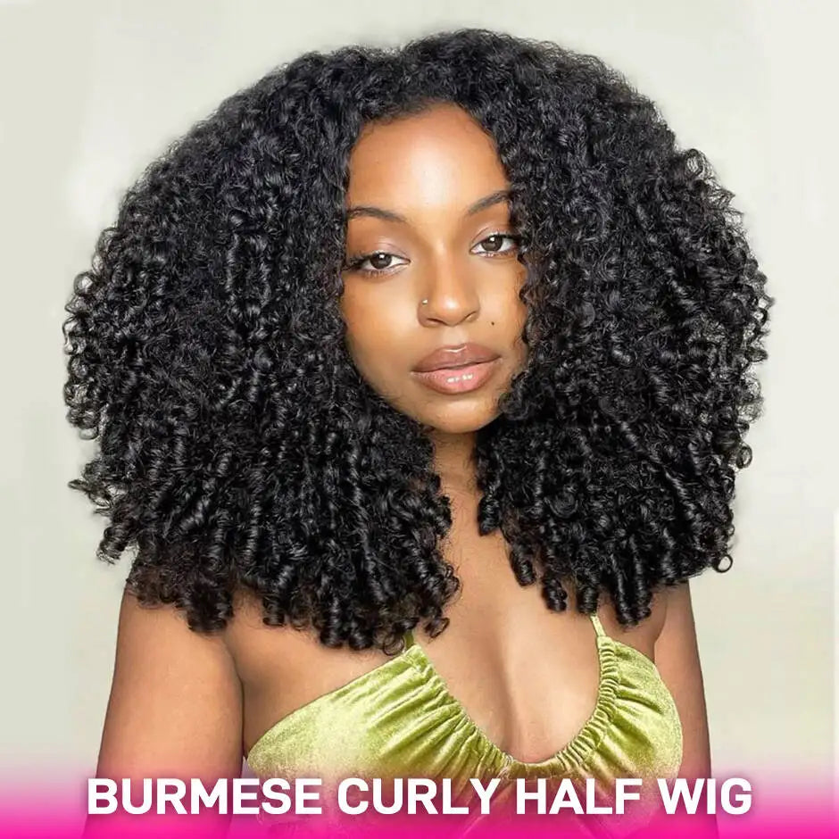 ISEE Hair Half Wig Burmese Curly Flip Over Wig Upgrade Glueless Wigs With Drawstring Seamless Clip Ins