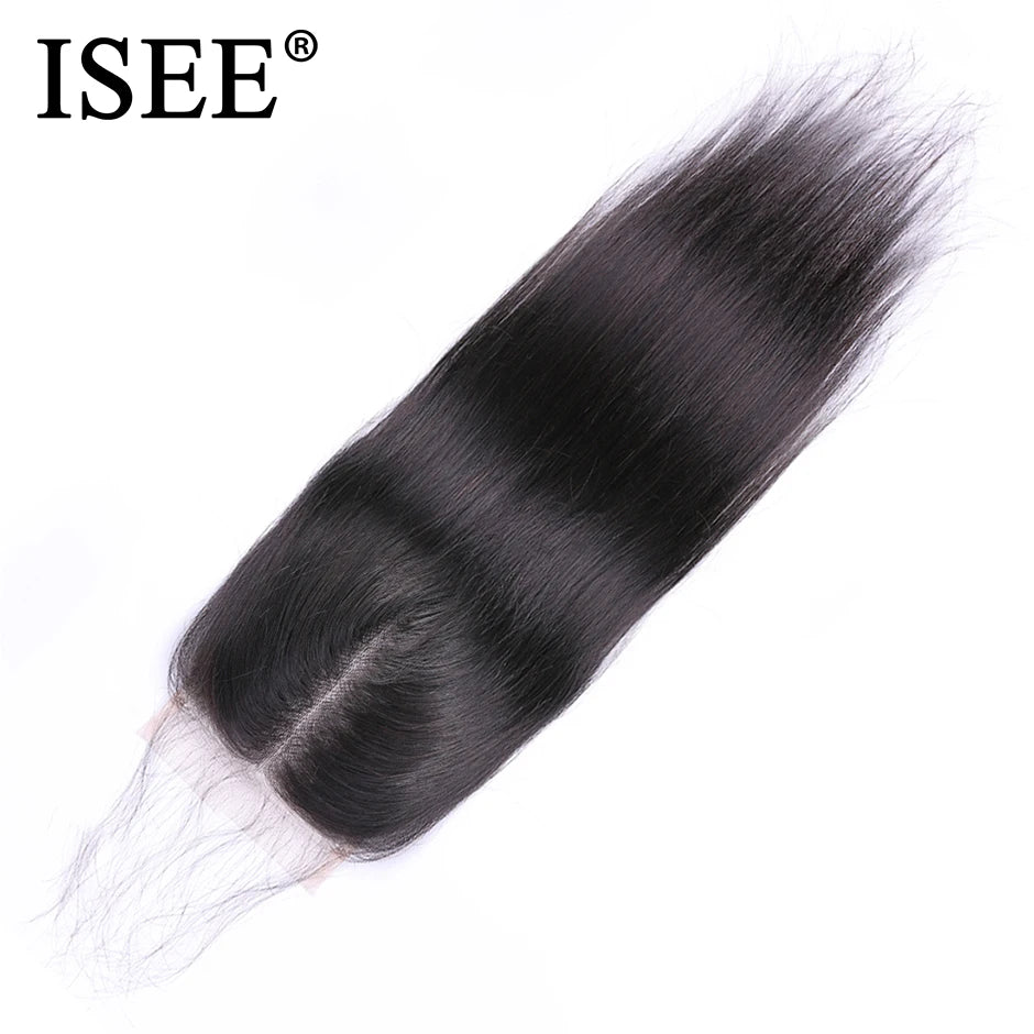 ISEE HAIR Peruvian Straight Hair Lace Closure HD 4"*4" Free Part 100% Remy Human Hair Medium Brown Lace Closure