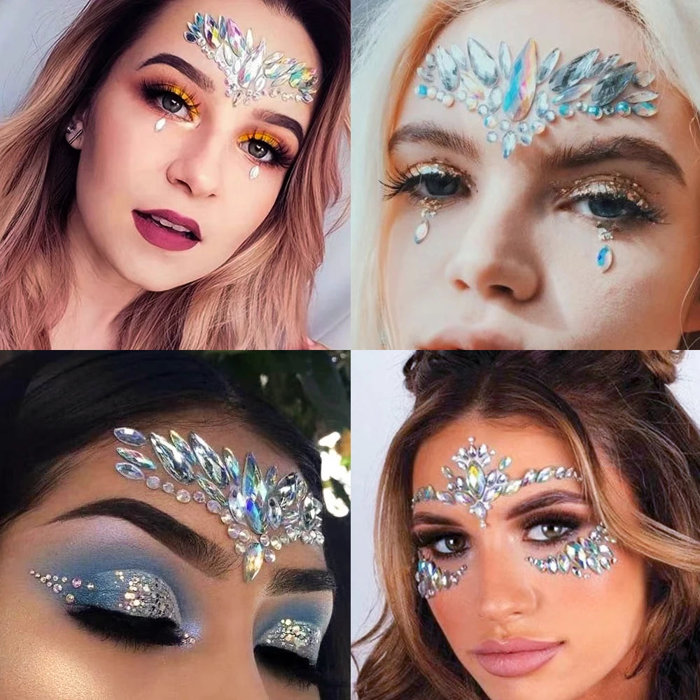 5Pcs 3D Random Face Diamond Tattoos Stickers Colorful Glitter Crystal Gem Sticker for Party Makeup Body Jewel Tattoo Decorations