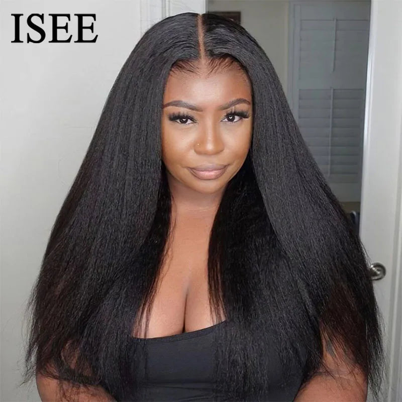 ISEE Hair Wear Go Glueless Wig Kinky Straight Human Hair Wigs 6X4 HD Lace Front Wig Pre Cut PrePlucked Closure Wigs For Women