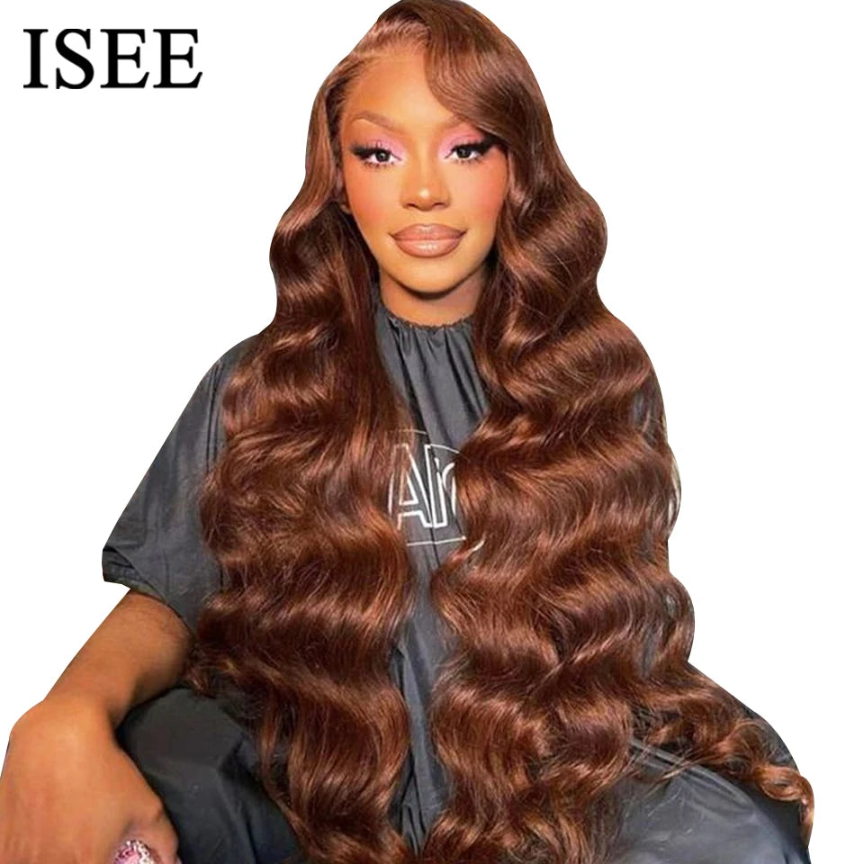 ISEE Hair Wig Chocolate Brown Peruvian Body Wave Lace Front Wig Colored Wig Human Hair 4x4 Closure Wig For Women 30 Inch