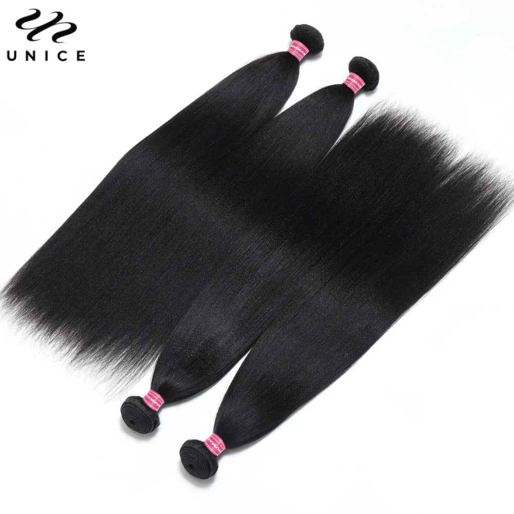UNice Hair Yaki Straight Hair Bundles With Closure Natural Color 100% Human Hair Bundles 3PCS And Middle Part 4x1 Lace Closure
