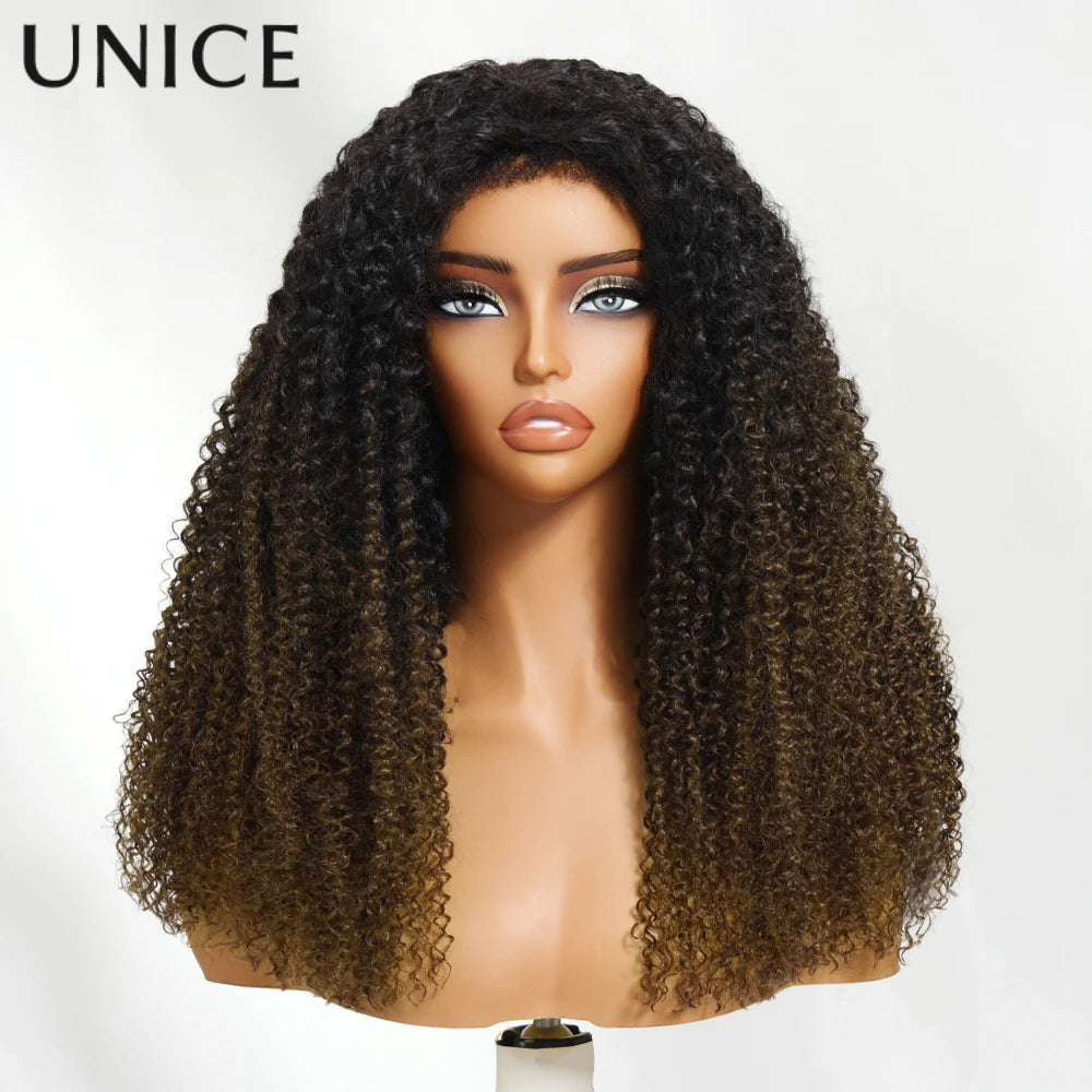 UNice Hair Chestnut Brown Ombre Kinky Curly Half Wigs With 4C Edges & Invisi Drawstring 100% Human Hair Glueless Flip Over Wig