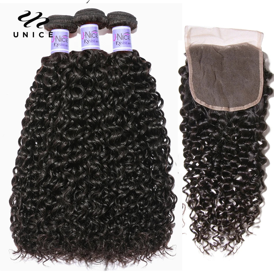 UNice Hair Kysiss Series 12A Brazilian Curly Hair 3/4 Bundles With Closure 100% Human Virgin Hair Bundles With Closure