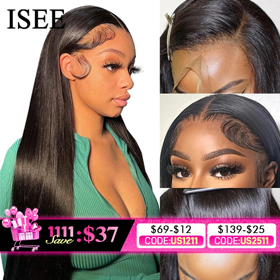 ISEE HAIR 13x6 HD Lace Frontal Wigs Human Hair Straight Full Lace Front Wigs For Women Pre-plucked Transparent Lace Wigs On Sale