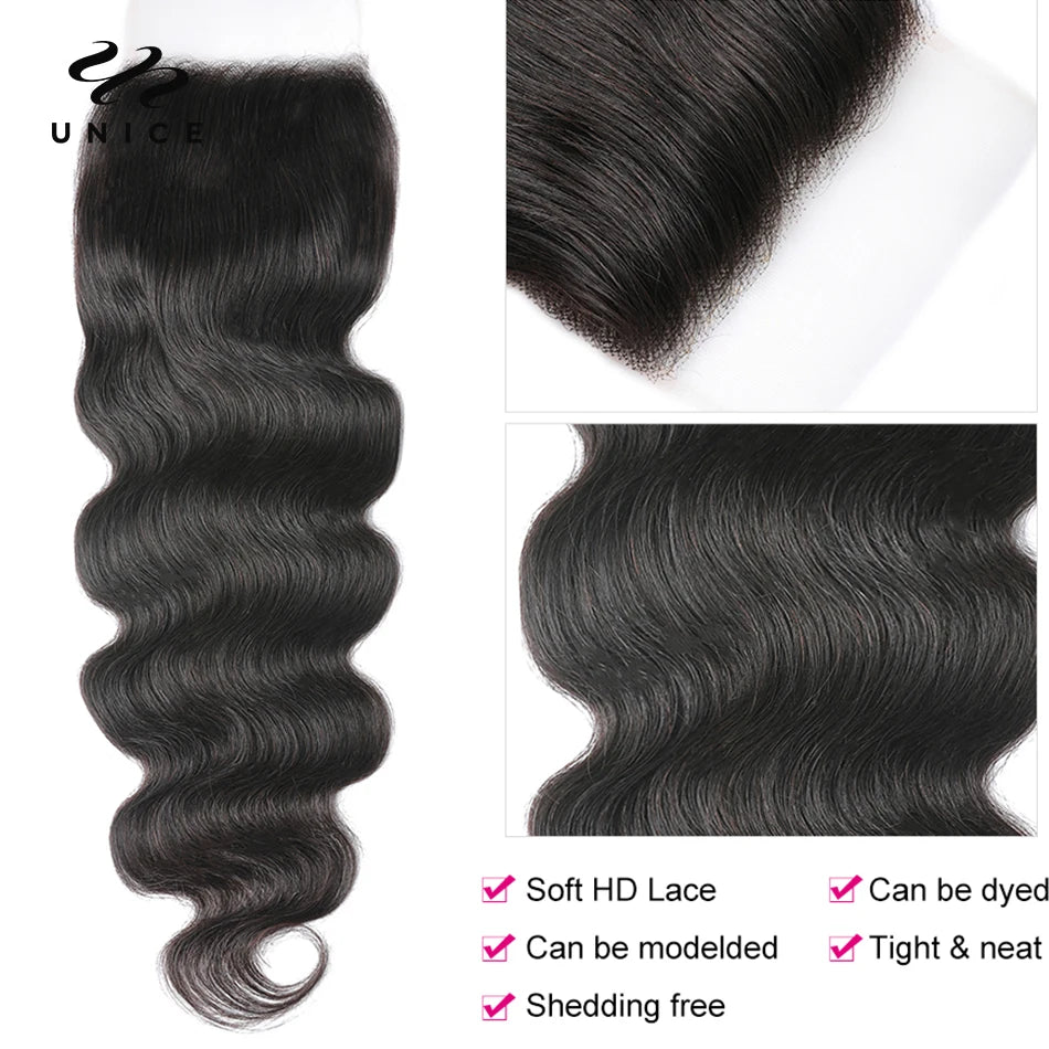 Unice Hair 5x5 HD Lace Closure Body Wave Brazilian Virgin hair 100% Human Hair undetectable Lace Closure Invisible Knots Skin M