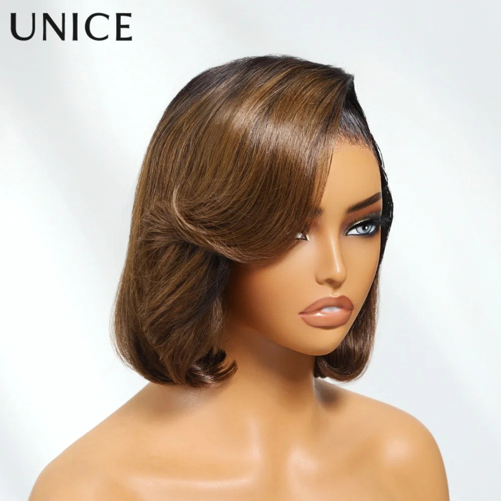UNice 7x5 Lace Front Wig Human Hair Bye Bye Knots Light Brown with Black Roots Bob Style Side Part Adjustable Drawstring