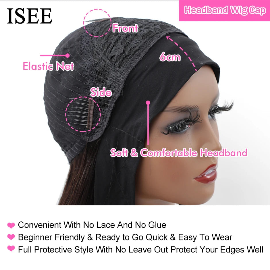 Straight Women's Headband Wig Malaysian Human Hair Wig Straight No Lace Scarf  Wigs NO Glue Natural ISEE HAIR Wig For Female