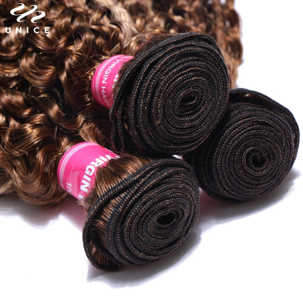 UNICE Hair TL412 Blonde Highlight Curly Hair Bundles 1/3/4 PCS Deal Pre Colored Human Hair Bundles Sew In Weaves Extentions