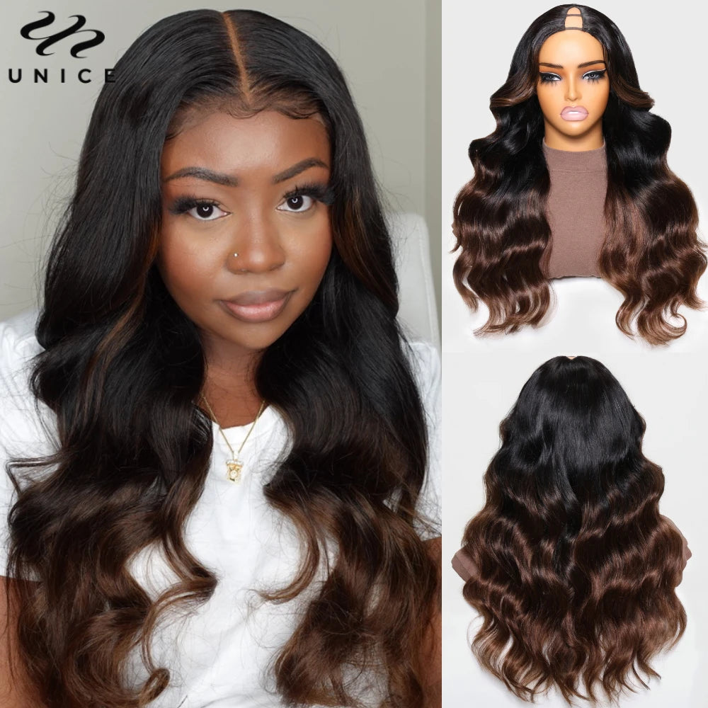 UNice Ombre Body Wave V Part Wig 100% Human Hair V Shape Upgrade U Part Wig No Sew In Clip In Half Wig Easy Blend Mini Leave Out