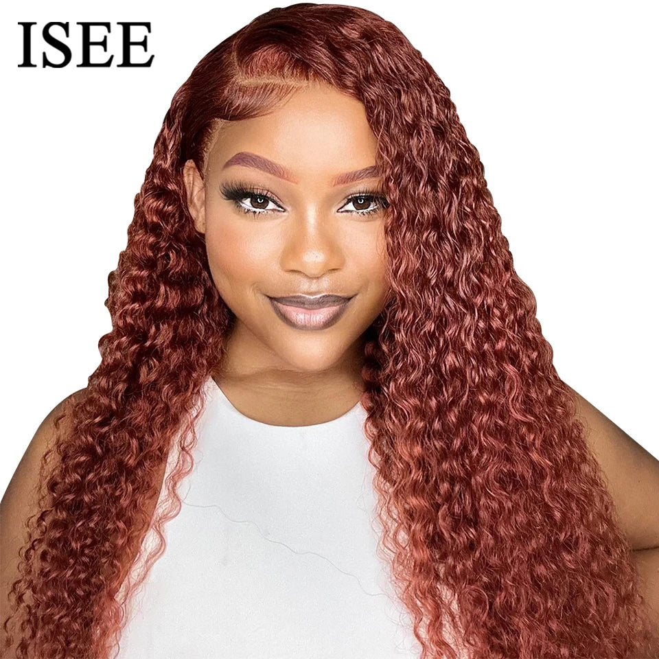 ISEE HAIR Wig Reddish Brown Wear Go Glueless Human Hair Wigs Mongolian Kinky Curly 6x4 Lace Glueless Human Hair Wigs Ready To Go