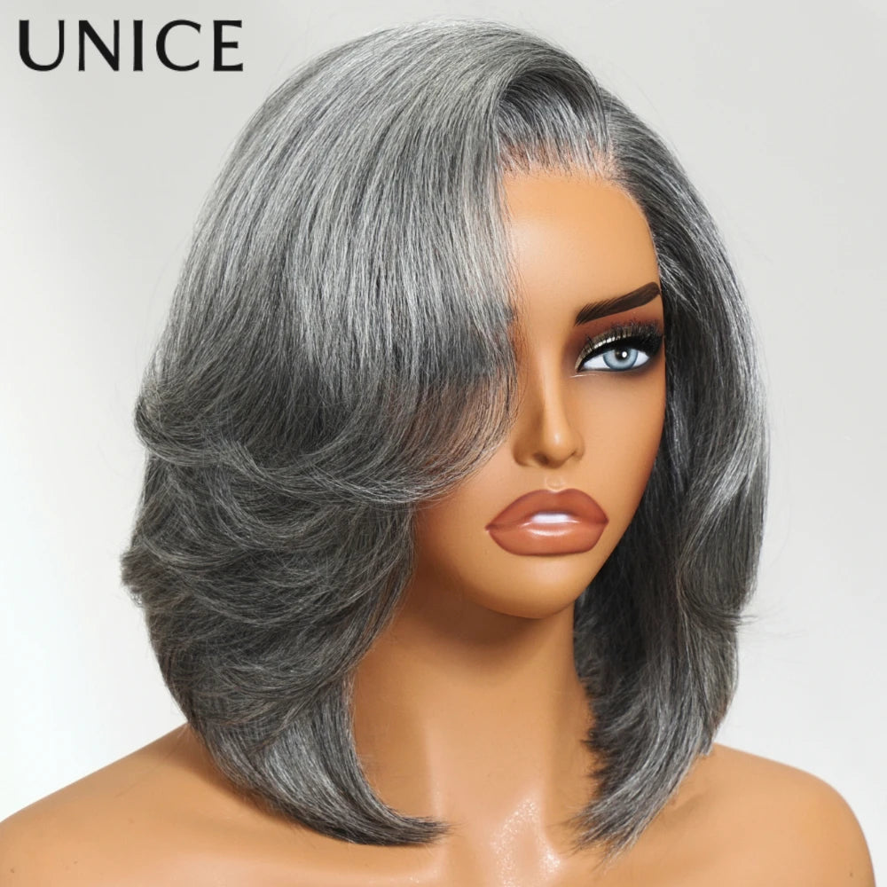 UNICE Hair Layered Blowout Salt & Pepper Glueless Human Hair Wig Pre Cut 6.5x1.5 Lace Short Bob Side Part Grey Wig 150% Density