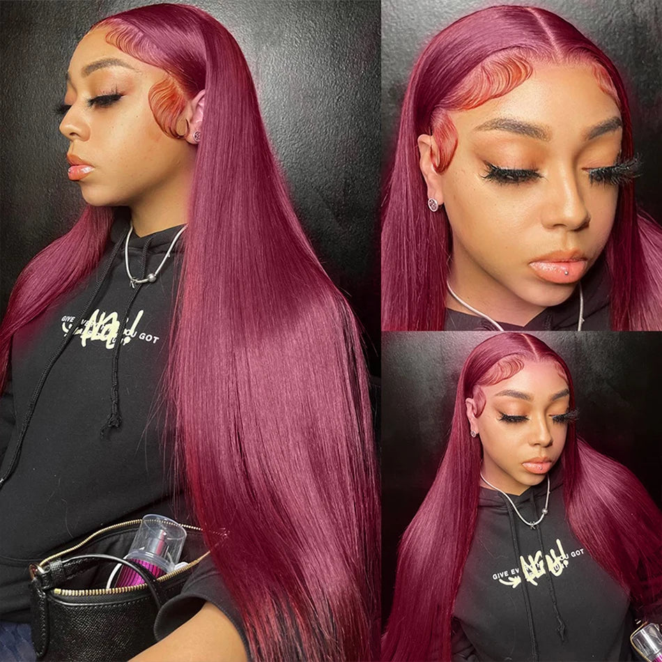 Premium 13x6 99J Burgundy Trendy Colored Human Hair Lace Front Wigs 180% HD Lace Frontal Wigs Bone Straight Human Hair Wig