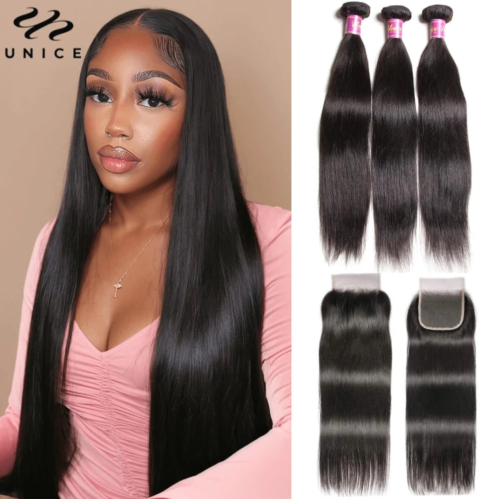 Unice Hair Straight Human Hair Bundles With Closure Natural Color 100% Human Hair 4x4 Lace Closure With 3/4 PCS Deals