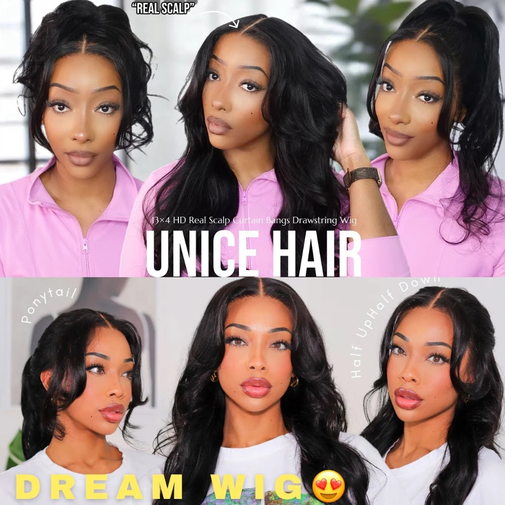 UNICE Hair 13x4 HD Real Scalp Wig Drawstring Cap Loose Wave with Face Framing Curtain Bangs Pre Cut Pre Bleached Glueless Wig