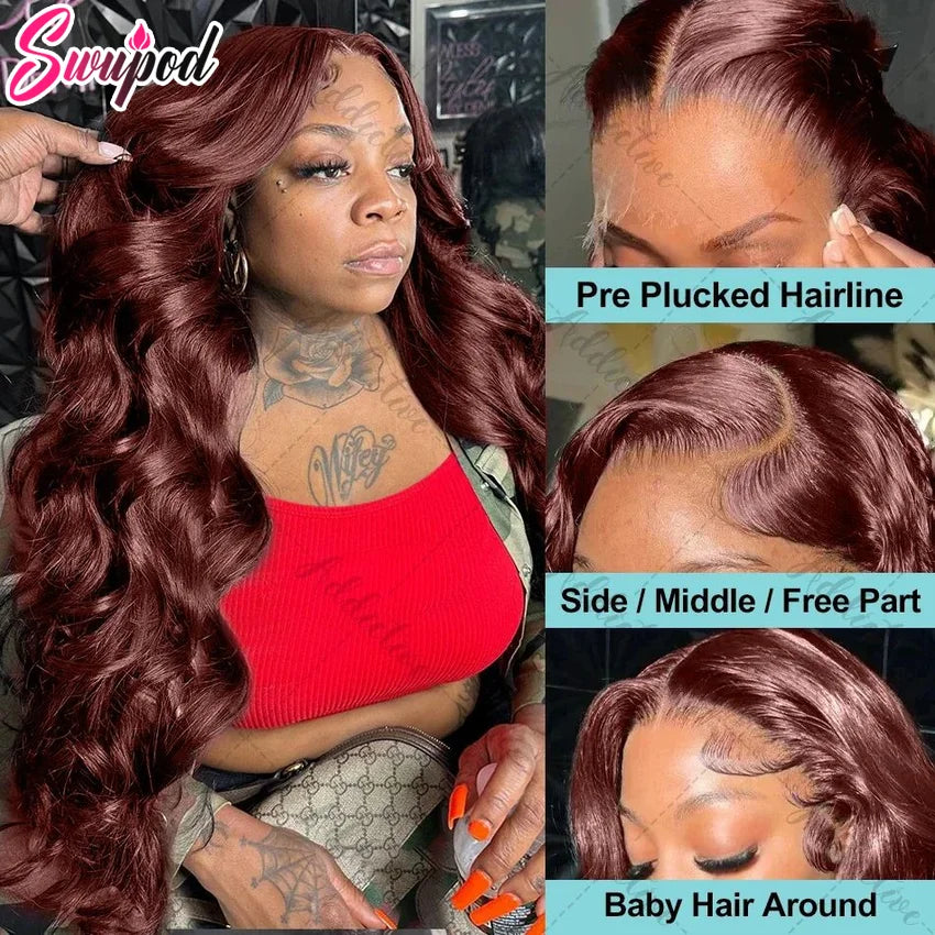 Premium 250% Density Auburn Reddish Brown Body Wave Lace Front Wig - 30-32 Inch Brazilian Human Hair HD Lace Wig