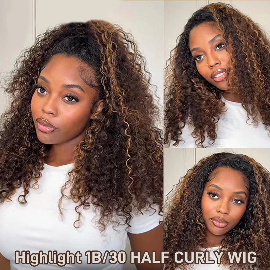 ISEE Hair 3 IN 1 Half Wigs Human Hair Water Wave Highlight 1B/ 30 Glueless Wigs With Drawstring Seamless Clip Ins Flip Over