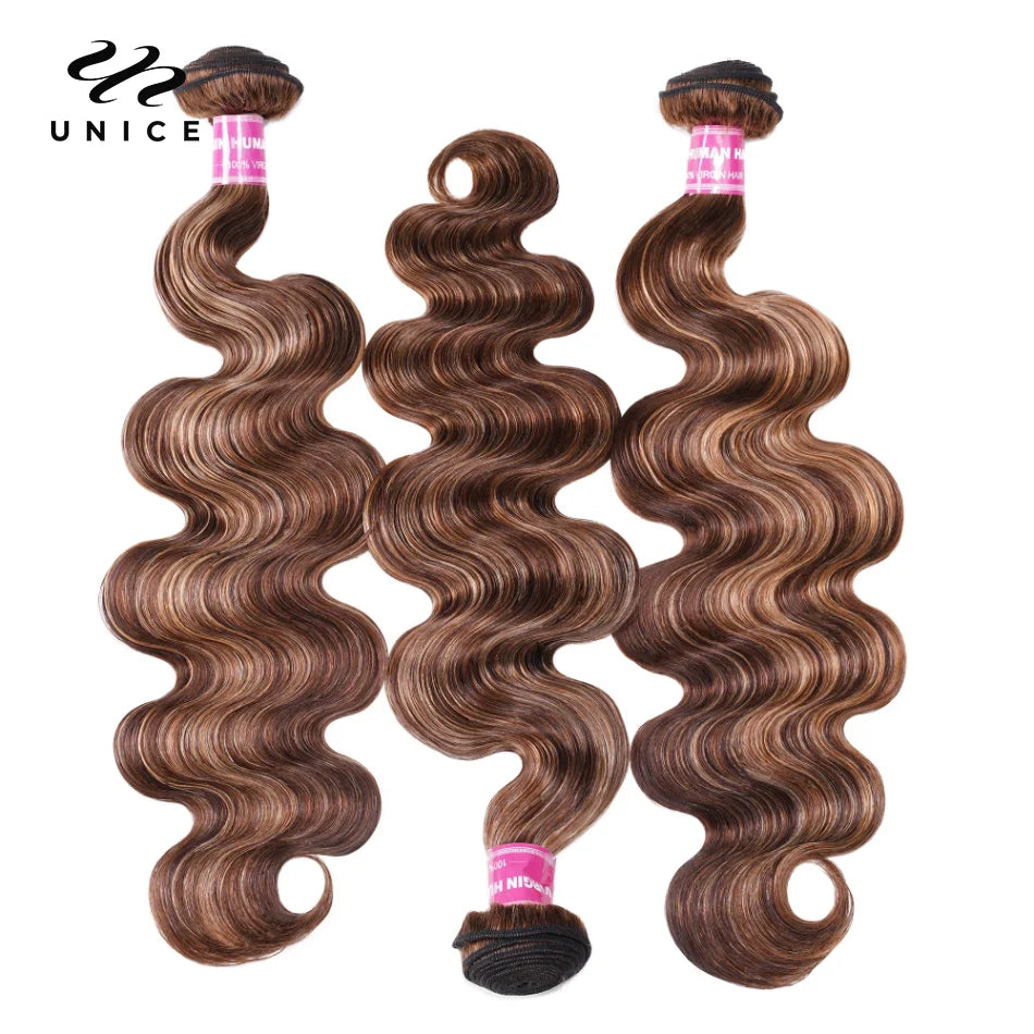 Unice Hair Blonde Highlight Body Wave Human Hair Bundles 1/3/4 Bundles 100% Human Hair Quick Weave Sew In Hair Extensions