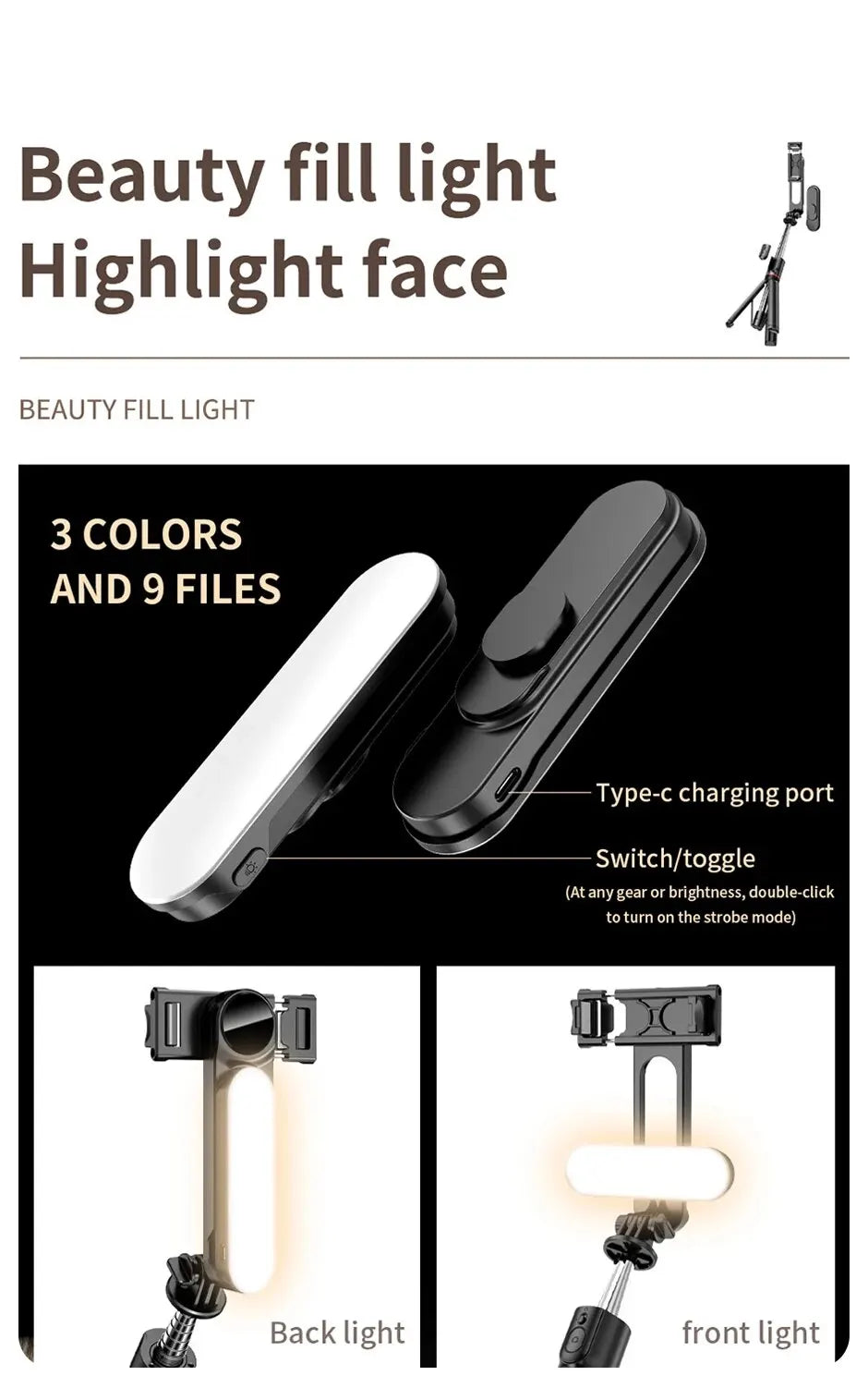 Wireless Bluetooth Selfie Stick Foldable Portable Tripods with Fill Light Shutter Remote Control For Smartphone Video Recording