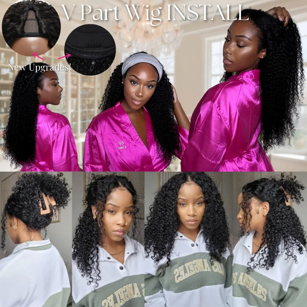 Unice Hair Curly V Part Wig With Elastic Drawstring Fit For All Head Sizes 100% Human Hair Wig No Glue 150% Density 30 Inch