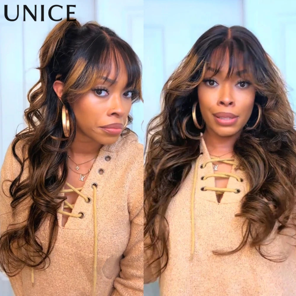 UNice Hair Drawstring Cap 13x4 Human Hair Lace Frontal Wig With Bangs FB30 Balayage Body Wave Wig Pre Everything Glueless Wigs