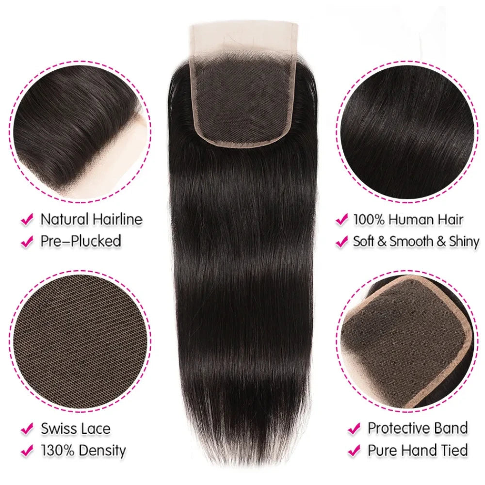 Unice Hair Straight Human Hair Bundles With Closure Natural Color 100% Human Hair 4x4 Lace Closure With 3/4 PCS Deals
