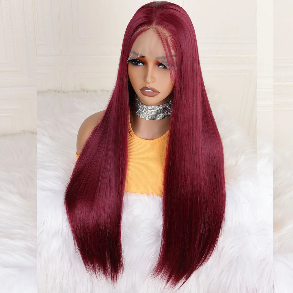Premium Burgundy Lace Front Wig 26 Inch - 99J Wine Red Straight Synthetic Wig with Baby Hair | Glueless Pre-Plucked 180% Density