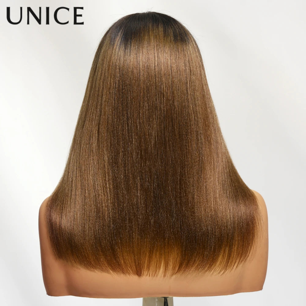 Unice Hair 7x5 Bye-Bye Knots Chestnut Brown Ombre Yaki Straight Bob Wig Human Hair Pre Cut Pre Bleached Glueless Wig
