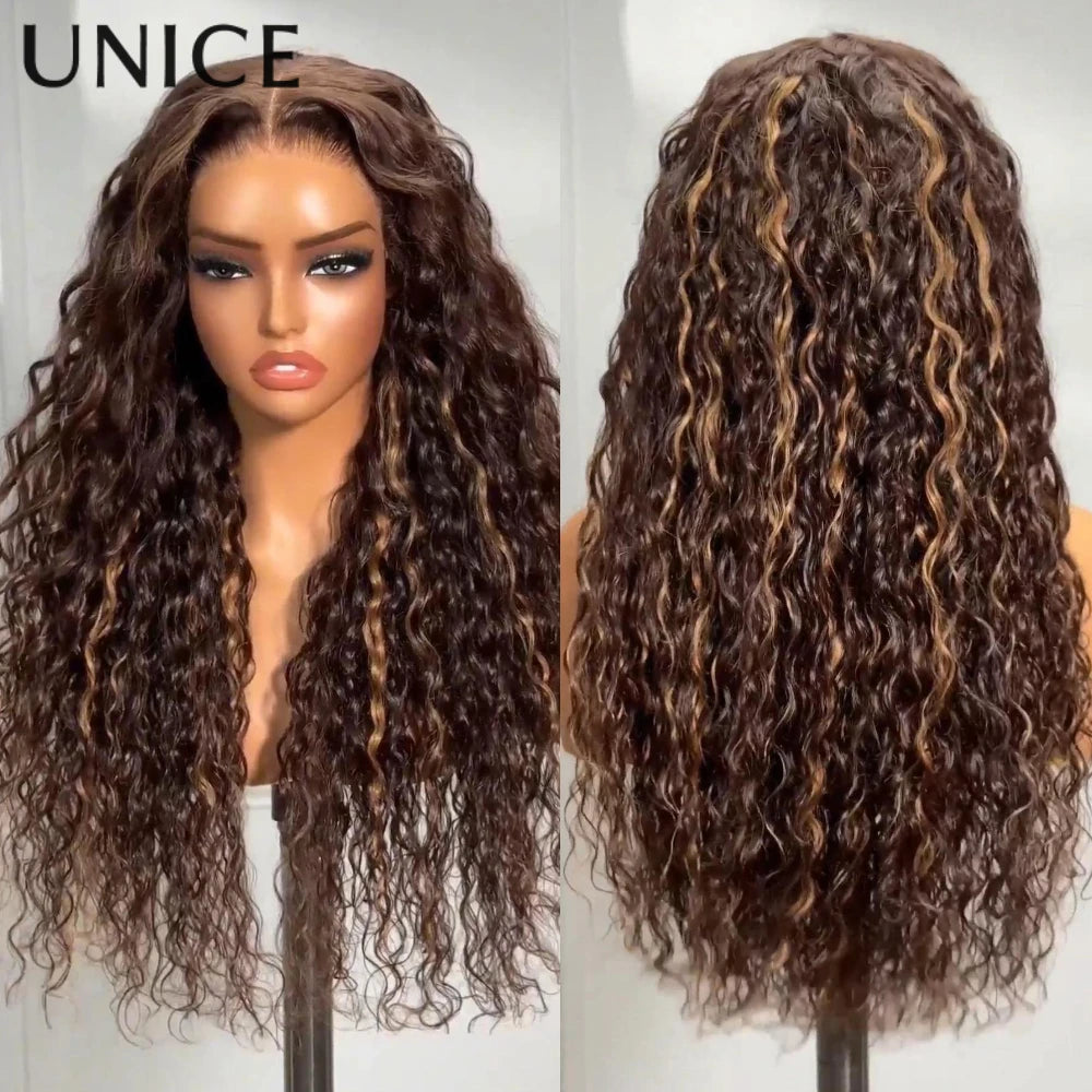UNice Hair Coffee Brown Water Wave Wig With Auburn Highlights 7x5 Lace Pre Cut Pre Bleached Glueless Wig Human Hair 150% Density