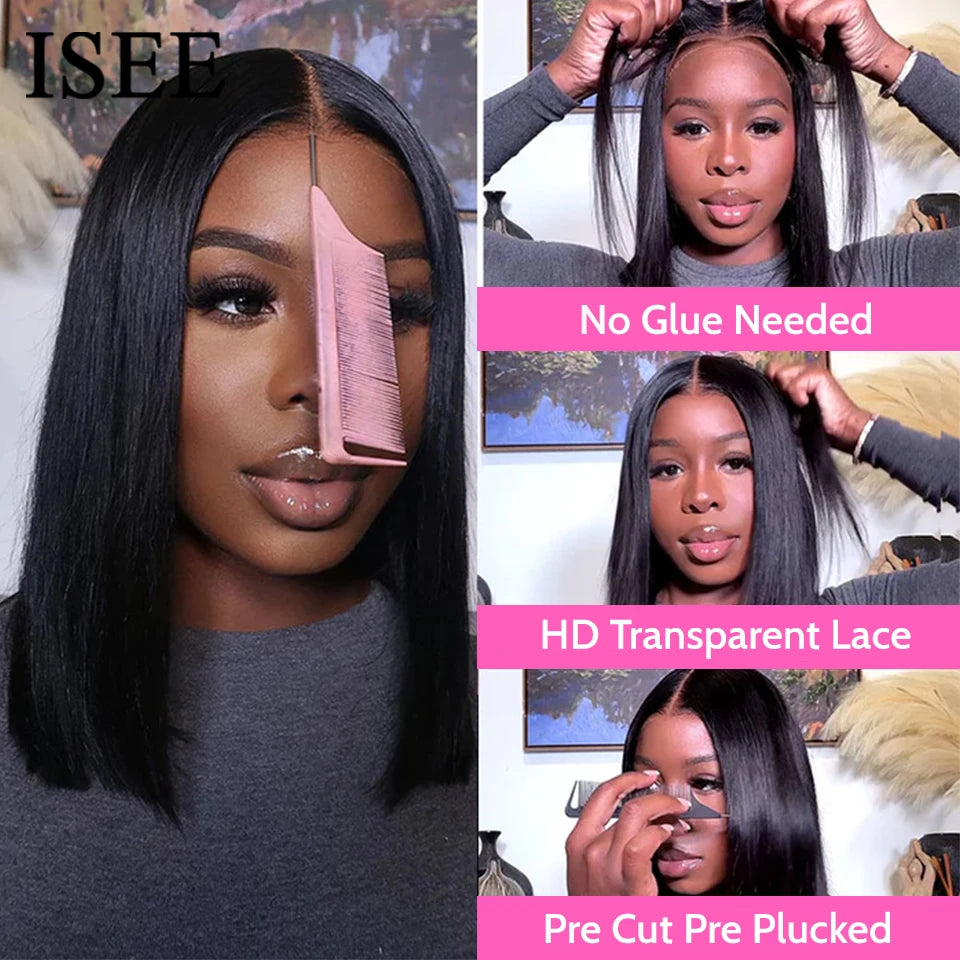 Brazilian Bob Wig 7x5 HD Glueless Wig Transparent Straight Lace Front Human Hair Wigs Wear And Go Pre Cut PrePlucked ISEE Hair