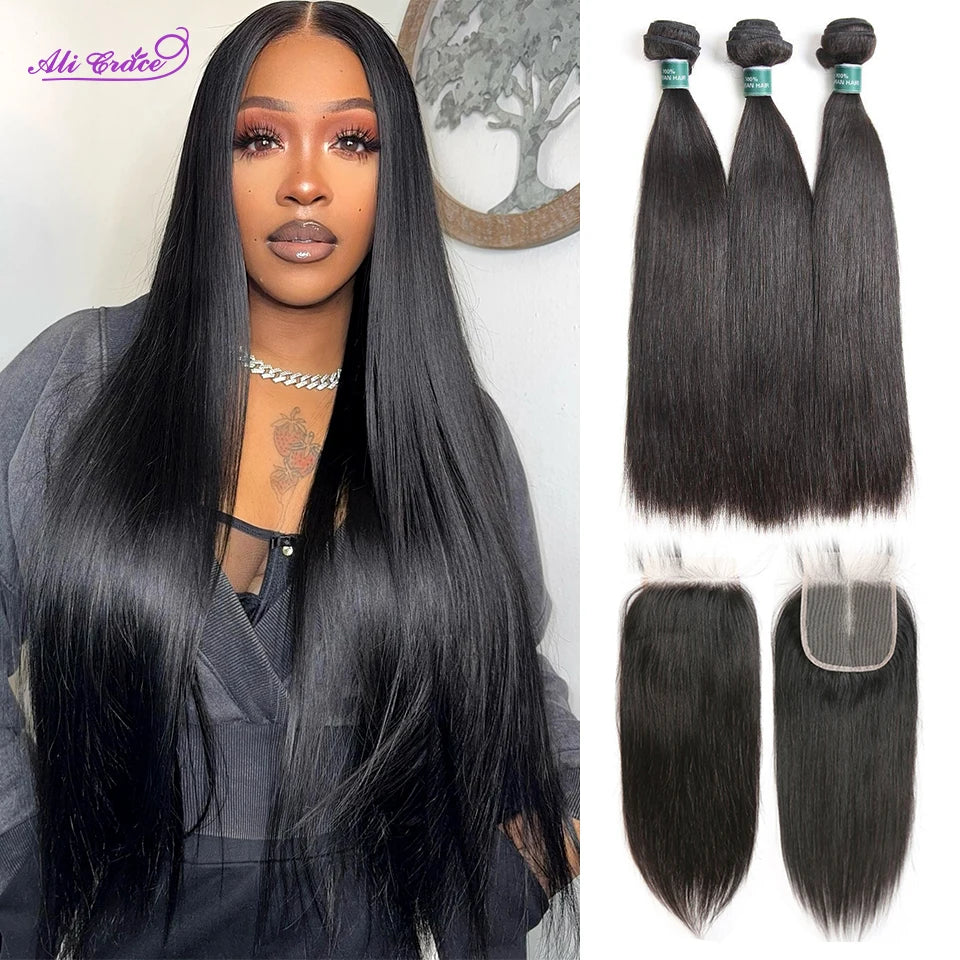 Ali Grace Peruvian Human Hair 3 Bundles With 4x4 Lace Closure 100% Remy Straight Hair Weave Peruvian Straight Hair With Closure