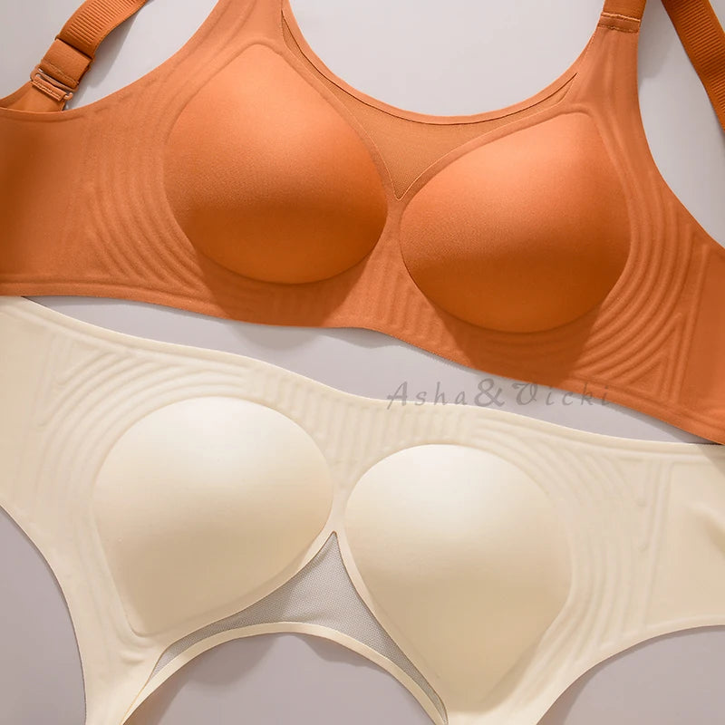 Plus Size Jelly Gum Full Cover Semi Fixed Large Cup Lace Underwear Anti Glare Mesh Woman Bra Comfortable  Gathering