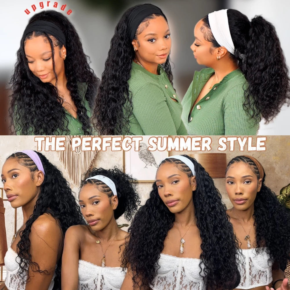 Unice Hair Upgrade Drawstring Mesh Lace Water Wave Headband Wigs Human Hair No Glue No Lace Fit For All Head Sizes