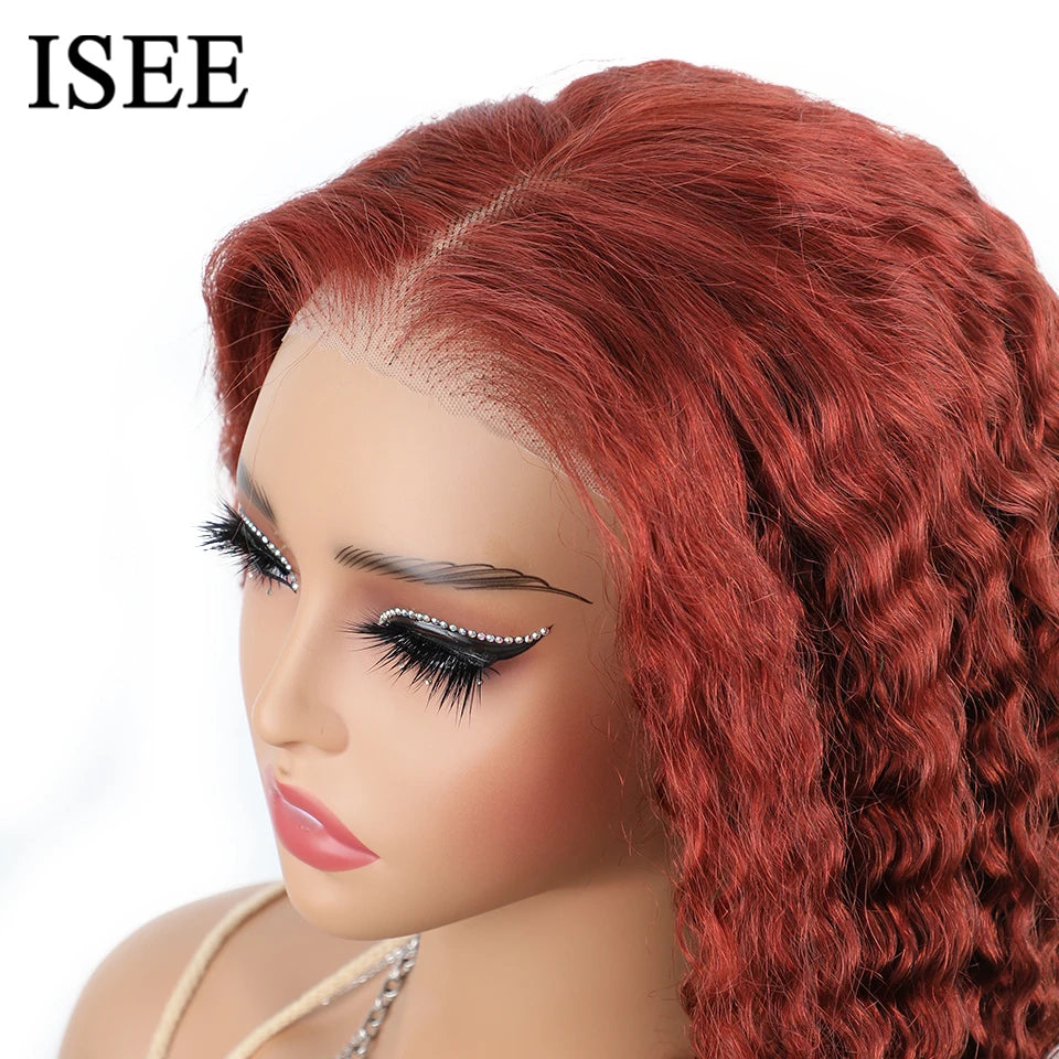ISEE HAIR Wig Reddish Brown Wear Go Glueless Human Hair Wigs Mongolian Kinky Curly 6x4 Lace Glueless Human Hair Wigs Ready To Go