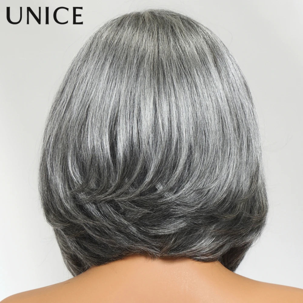 UNICE Hair Layered Blowout Salt & Pepper Glueless Human Hair Wig Pre Cut 6.5x1.5 Lace Short Bob Side Part Grey Wig 150% Density