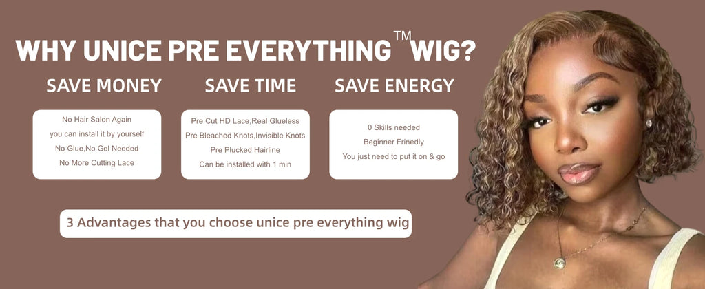 UNice 7x5 Glueless Water Wave Bob Wig Honey Blonde Highlight Pre Bleached Pre Cut Lace Closure Wig Human Hair Wig Ready To Wear