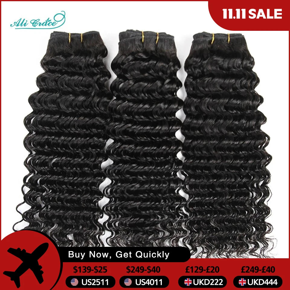 Ali Grace Hair Brazilian Deep Wave 3 Bundles 100% Brazilian Remy Hair 10-28 Inch Deep Curly Brazilian Human Hair For Black Women