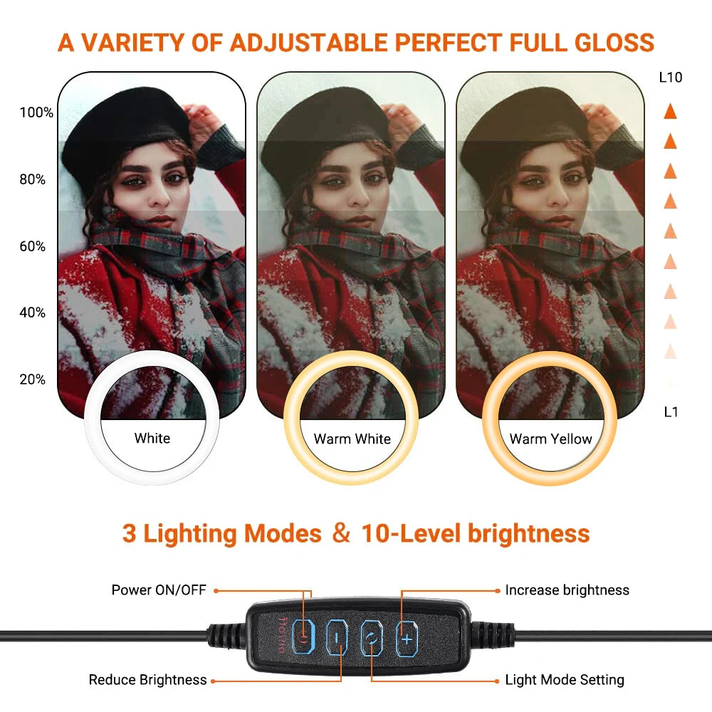 26cm 10 inch Led Ring Selfie Light Dimmable Photography Lighting Kit Usb Charge Lamp With Tripod For Live Video 120 Lamp Beads