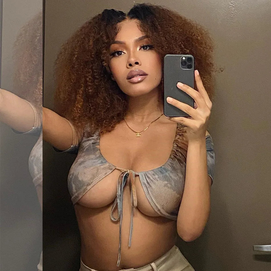 6x5 Glueless Lace Wigs Human Hair Wigs Ready To Wear And Go Short Kinky Curly Ombre Brown Highlights Brown Colored Human Wigs