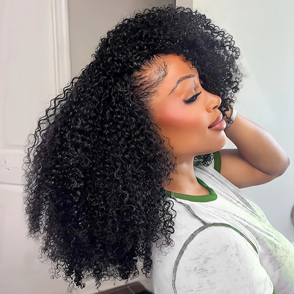 ISEE Hair Kinky Curly Half Wig Human Hair 250 Density Glueless Wear and Go Headband 3 In 1 Drawstring Seamless Flip Over Wig