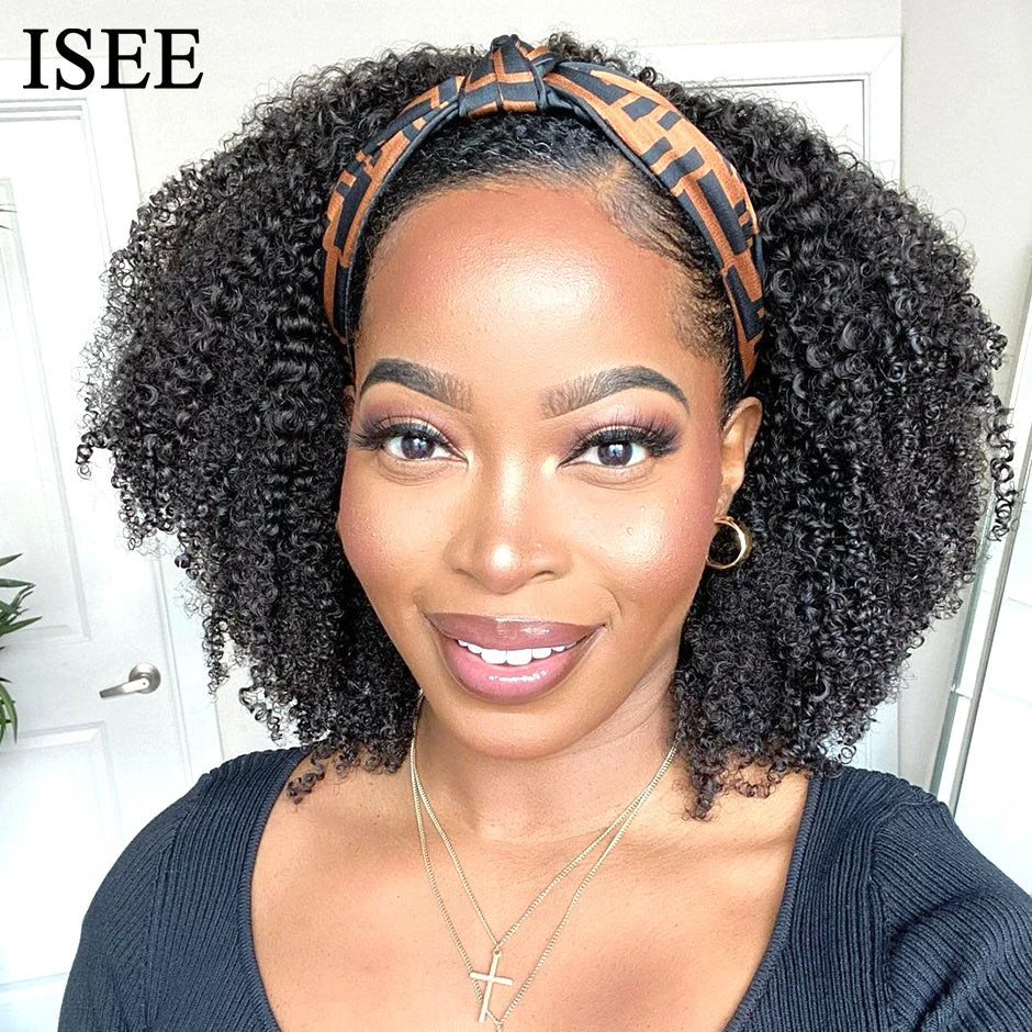 ISEE Hair Headband Wig Human Hair Kinky Curly Scarf Wigs For Women Brazilian Curly Wigs on Sale No Glue No Gel Full Machine Wigs