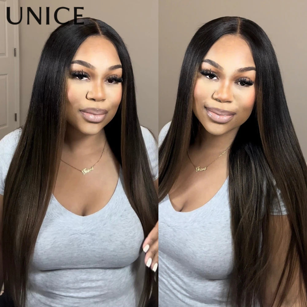 UNICE Hair Chestnut Brown Ombre Yaki Straight Human Hair Wig Pre Cut Pre Bleached 7x5 Glueless Wig & V Part Wig