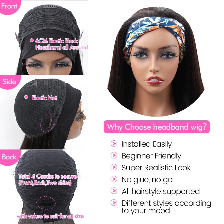 ISEE HAIR Wig Straight Women's Headband Wig Human Hair Brazilian Bob Wig Straight Non Lace Scarf Wig Glueless Natural For Female