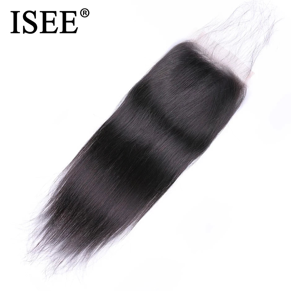 ISEE HAIR Peruvian Straight Hair Lace Closure HD 4"*4" Free Part 100% Remy Human Hair Medium Brown Lace Closure