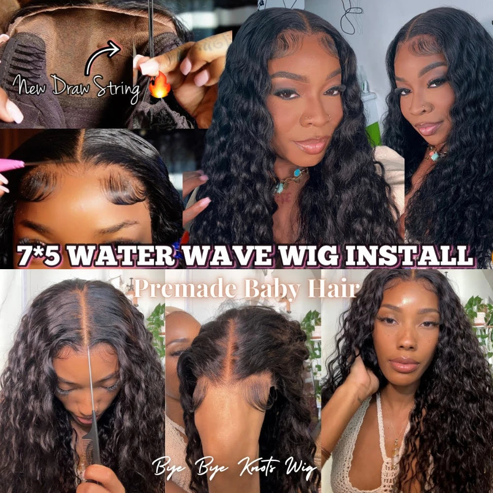 UNice 7X5 Lace Closure Water Wave Wig Pre Cut Pre Bleached Glueless Wig Human Hair Ready To Wear 150% Density