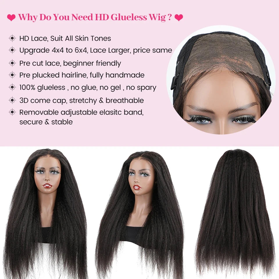 ISEE Hair Wear Go Glueless Wig Kinky Straight Human Hair Wigs 6X4 HD Lace Front Wig Pre Cut PrePlucked Closure Wigs For Women