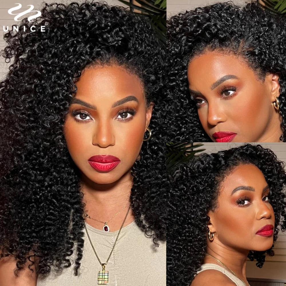 Unice Hair Realistic Edges Kinky Curly Wig Pre Cut Pre Bleached 7x5 Lace Closure Glueless Wig Human Hair Ready To Wear