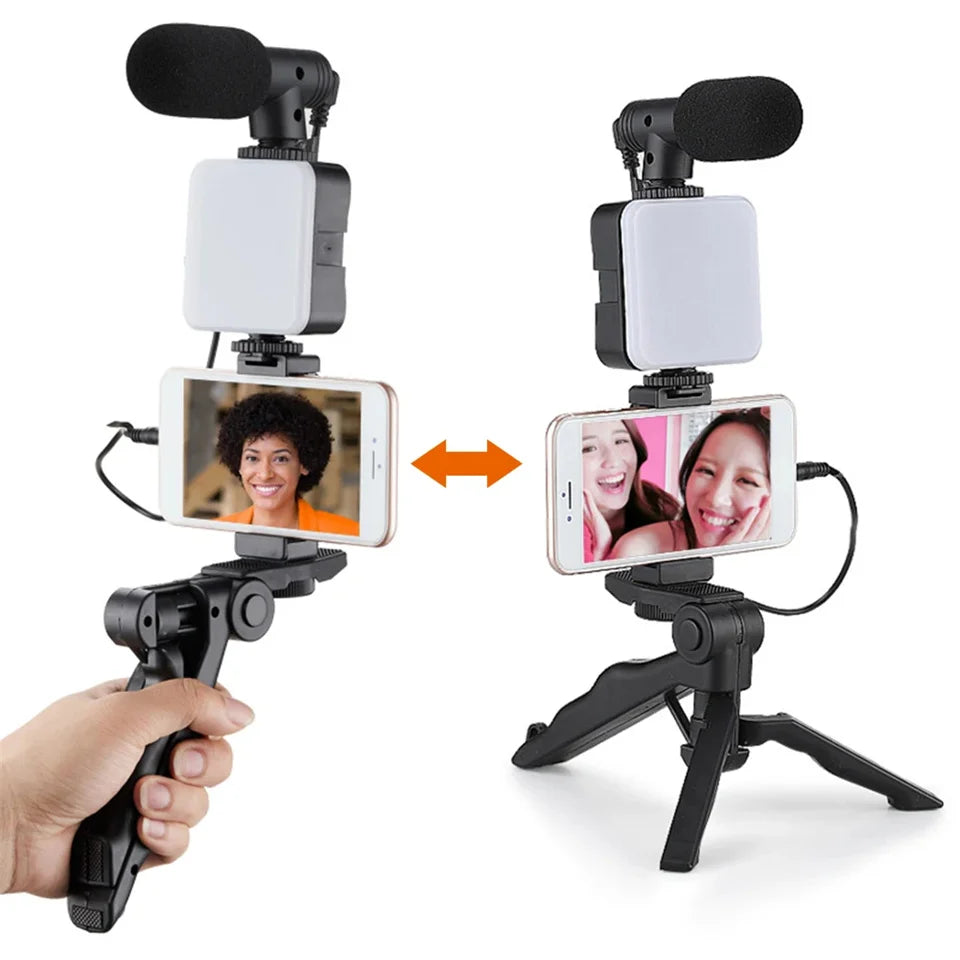 Phone Vlogging Starter Kit: Tripod, Holder, Mini Microphone, LED Light for TikTok Live & YouTube